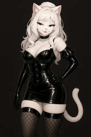 Full body Miss Petty character artwork in black latex