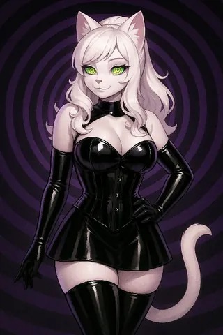 Miss Petty with hypnotic spiral backdrop and glossy black outfit