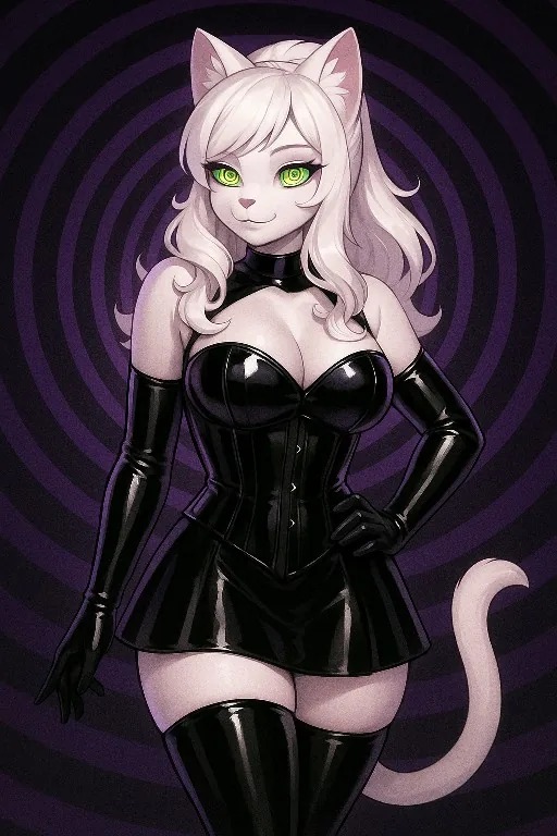 Miss Petty with hypnotic spiral backdrop and glossy black outfit