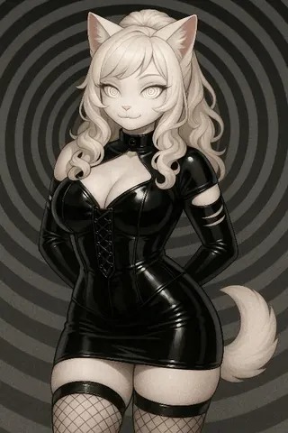 Miss Petty in glossy black latex against spiral backdrop