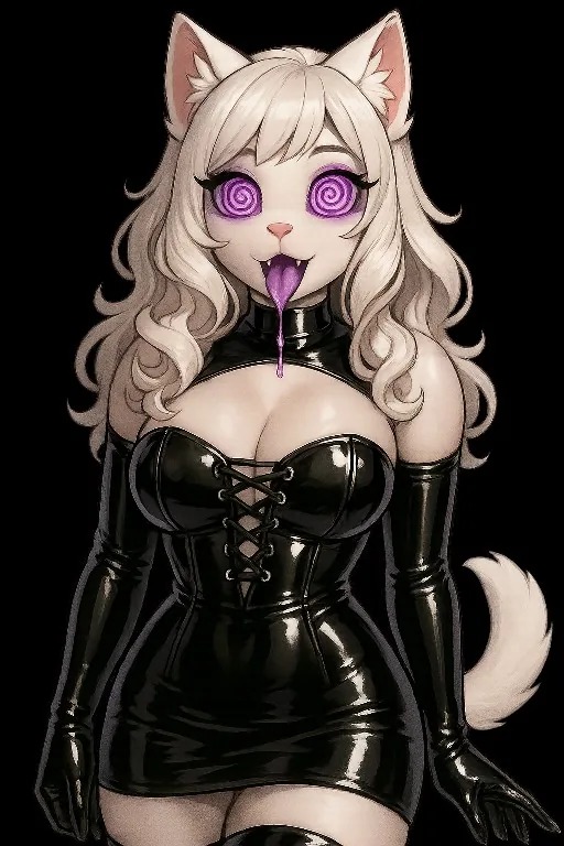 Closeup of Miss Petty with purple spiral eyes