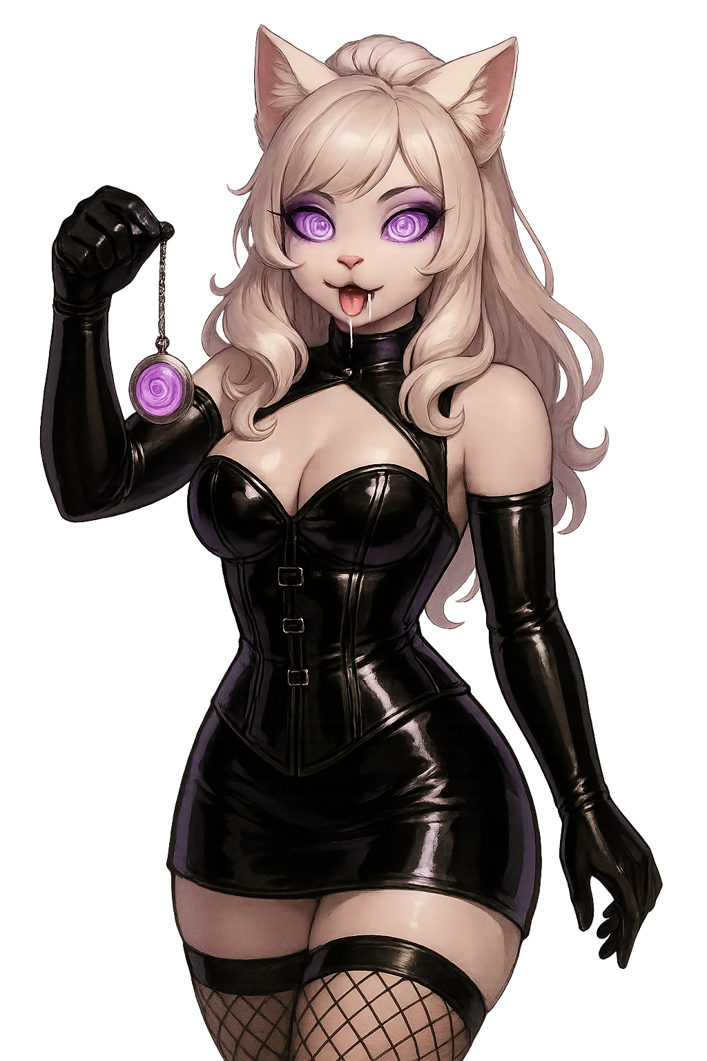 Miss Petty with hypnotic spiral backdrop and glossy black outfit